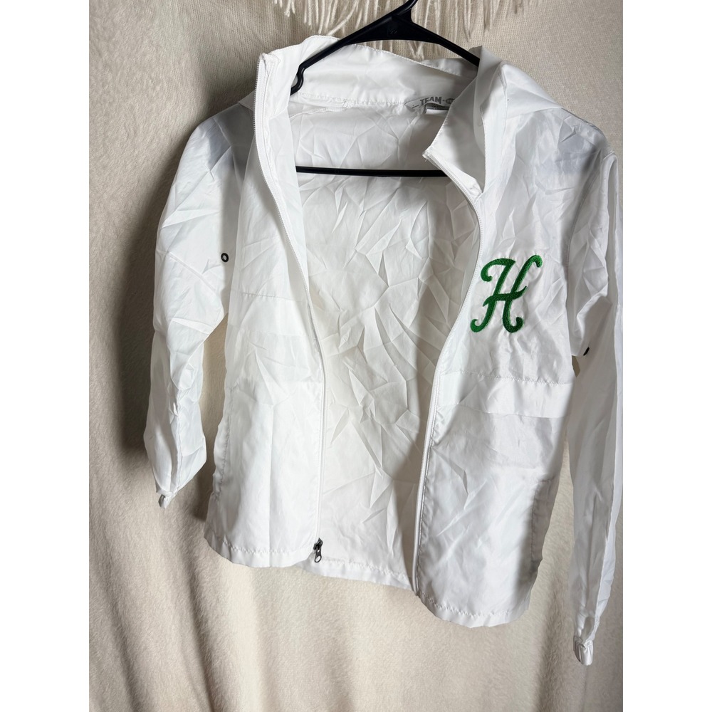 Team 365 Youth Small White Hooded Windbreaker Jacket Green Embroidered H Logo